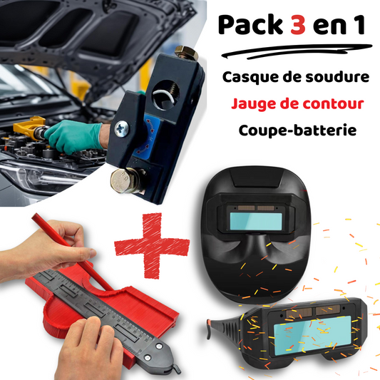 Pack 3 en 1 – Casque de soudure + Jauge de contour + Coupe-batterie