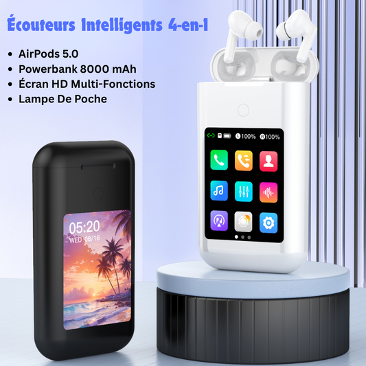 Écouteurs Intelligents 4-en-1 avec Écran HD, Powerbank, Lampe Torche et Jeux Intégrés.