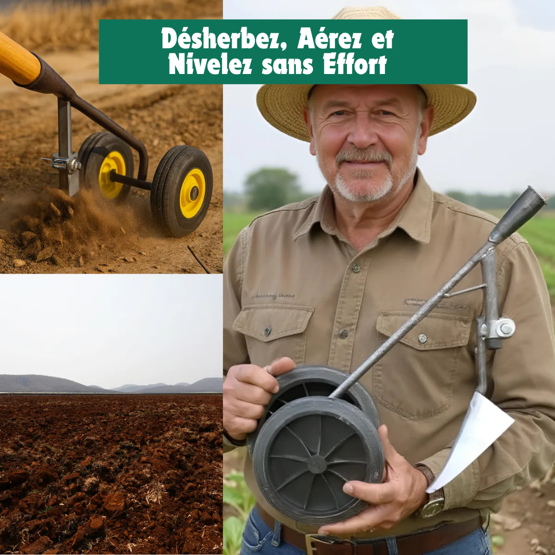 Outil de Jardinage à Double Roue – Désherbez, Aérez et Nivelez sans Effort
